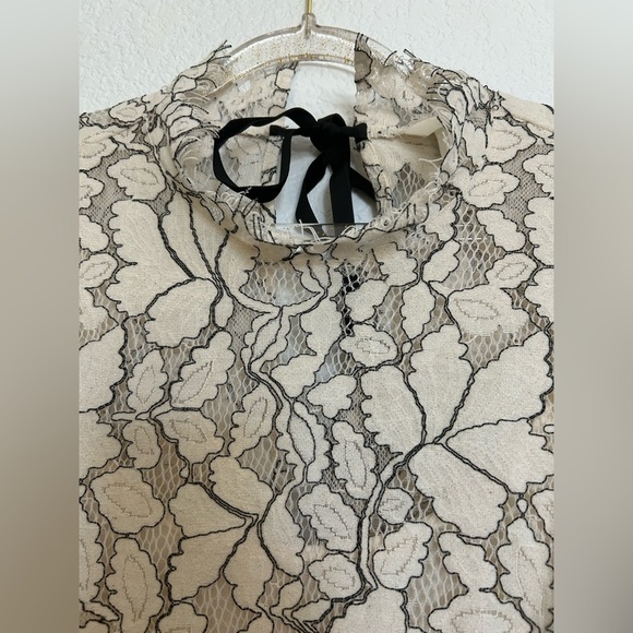 H&M Sheer Sheath Lace Dresses Cream with black detailing back ribbon tie Lined - Picture 11 of 17